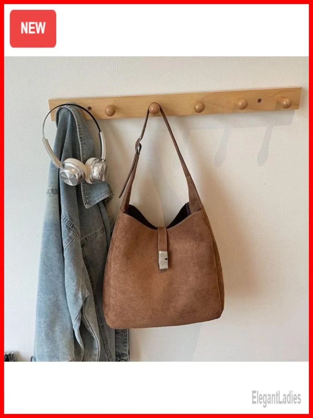 Faux Suede Slouchy Hobo Bag with Zippered Pouch - Retro Shoulder Bag